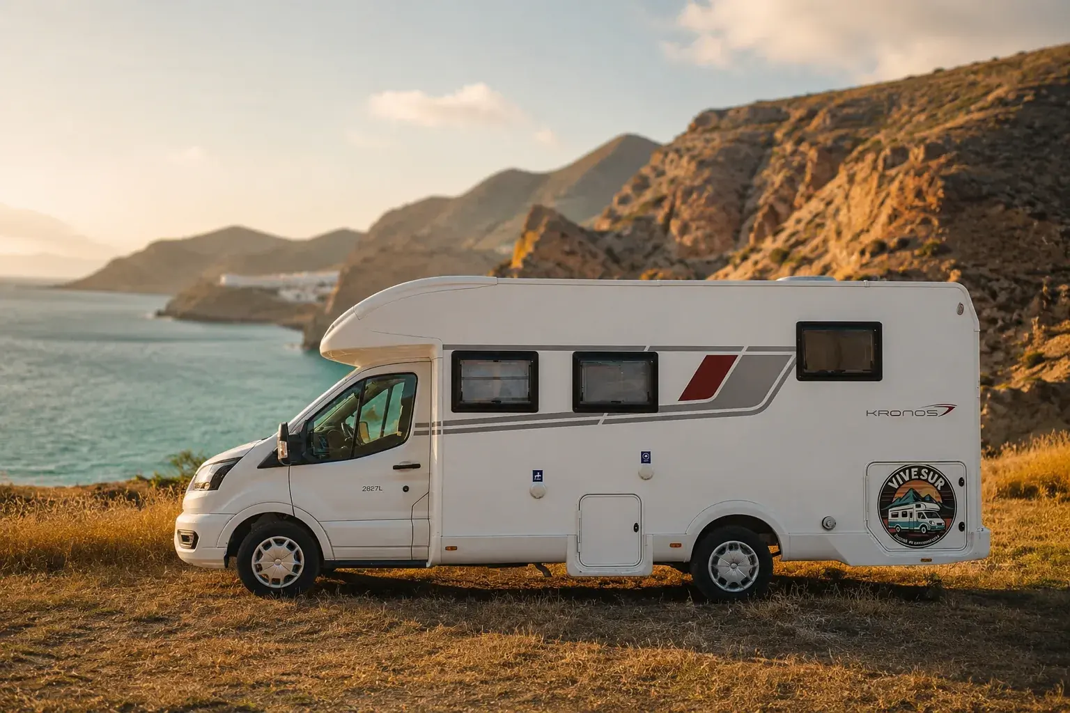 Autocaravana Vivesur Kronos al atardecer junto al mar en la costa andaluza